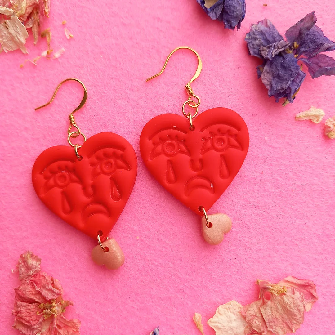 Crying Heart in Red Clay Earrings