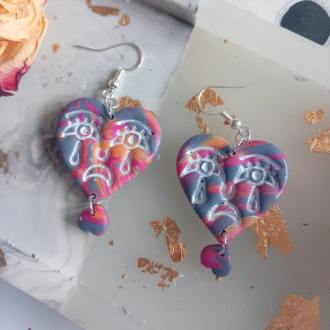 Crying Heart in Pink Marble Clay Earrings