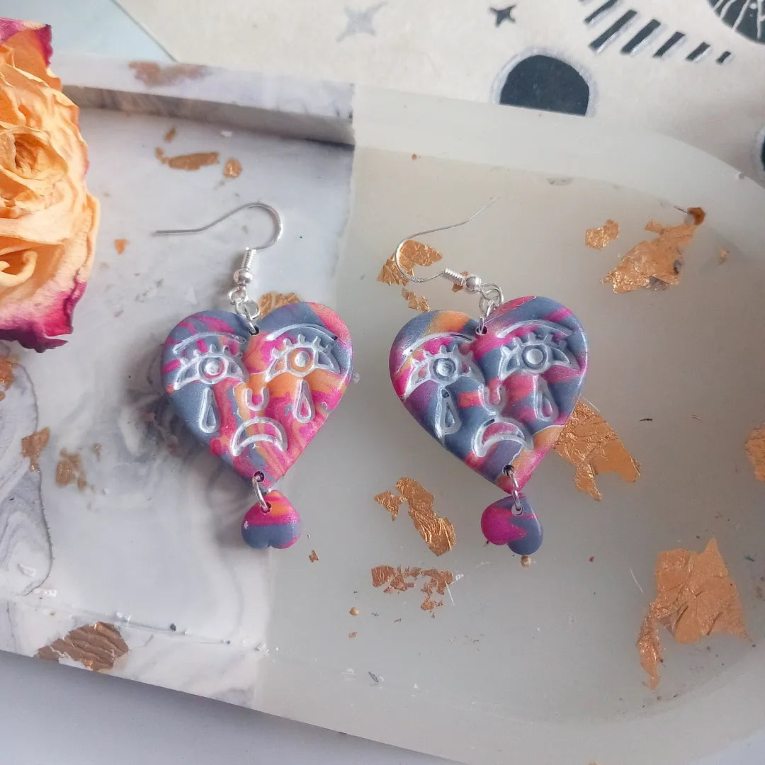 Crying Heart in Pink Marble Clay Earrings