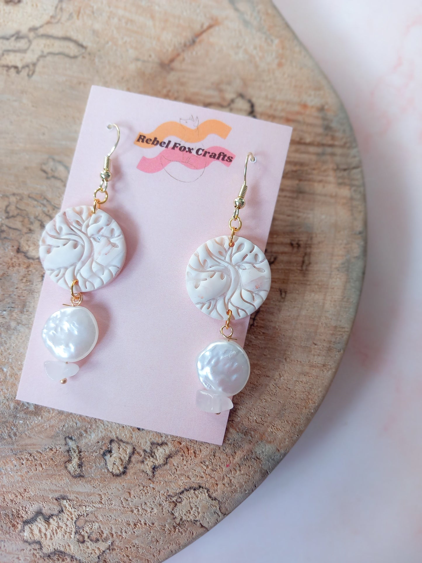 Tree of Life Faux Pearl and Rose Quartz Earrings