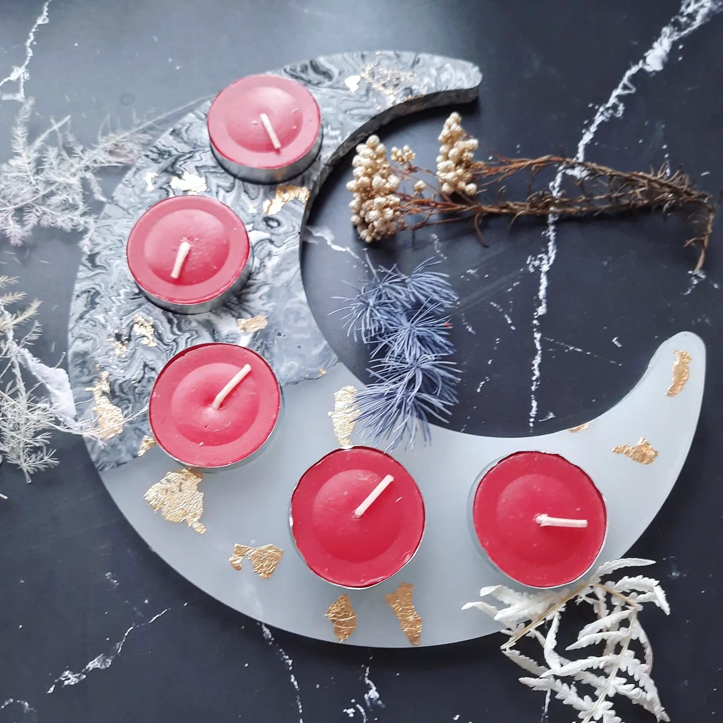 Crescent Moon Jesomite and White Resin Tealight Candle Tray