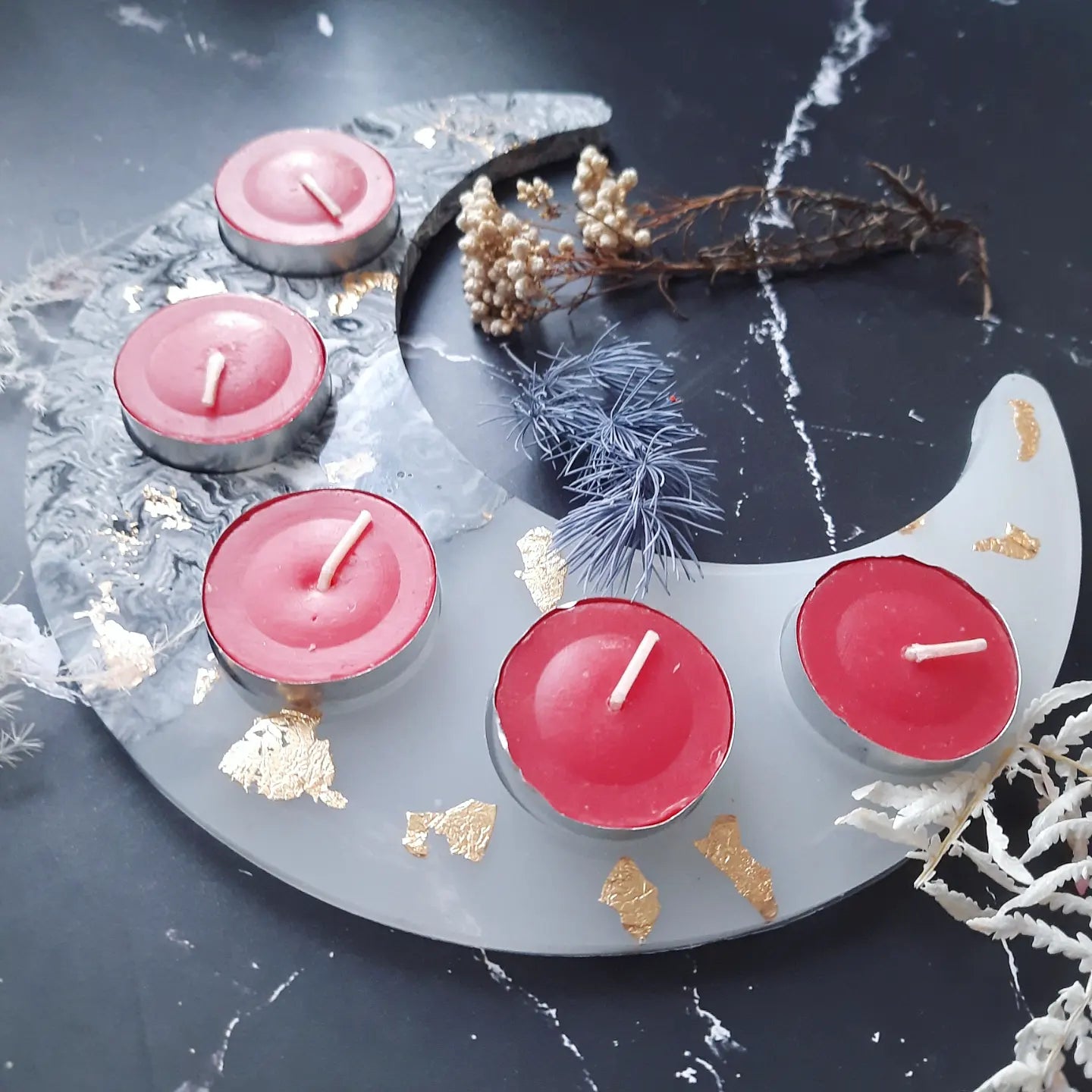 Crescent Moon Jesomite and White Resin Tealight Candle Tray