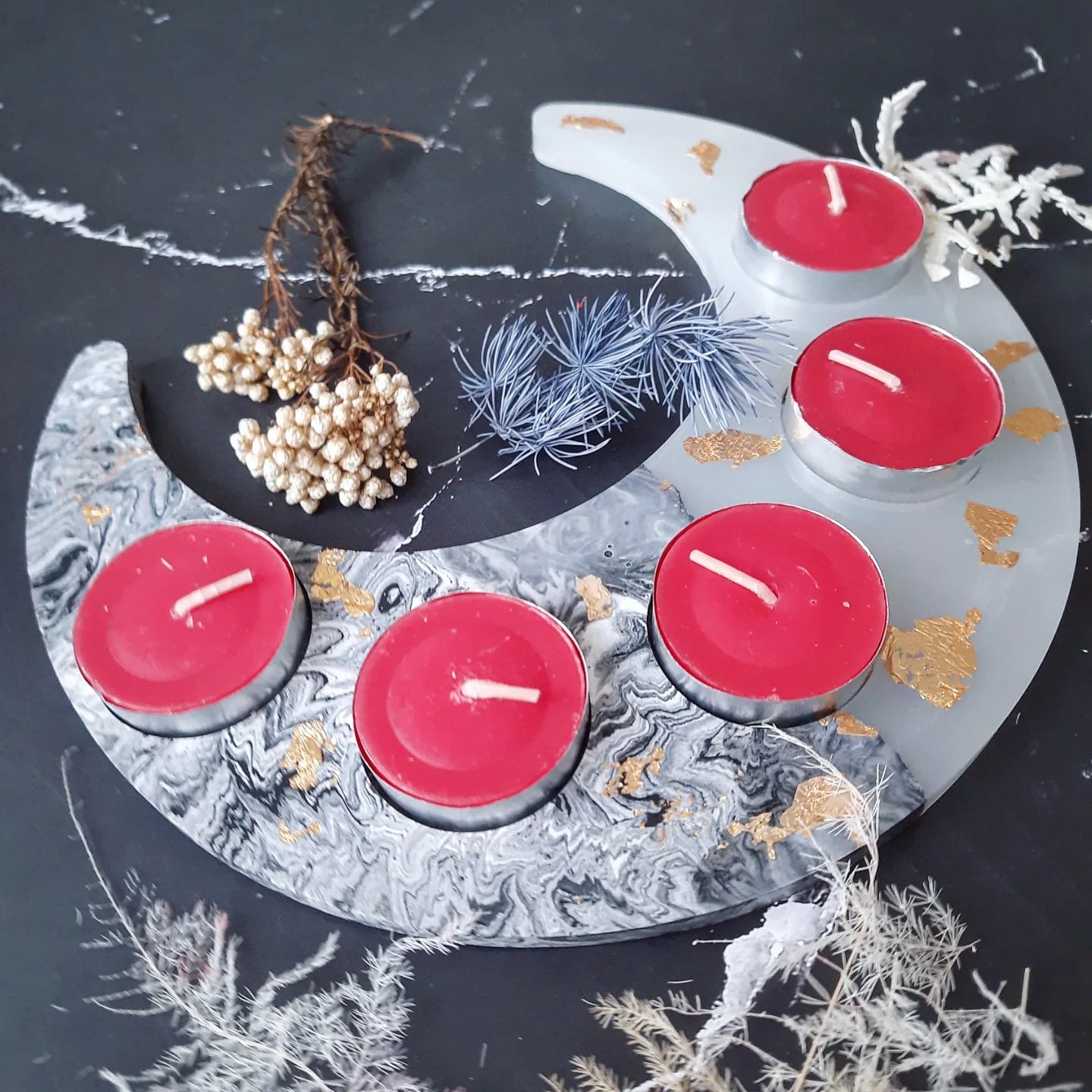 Crescent Moon Jesomite and White Resin Tealight Candle Tray