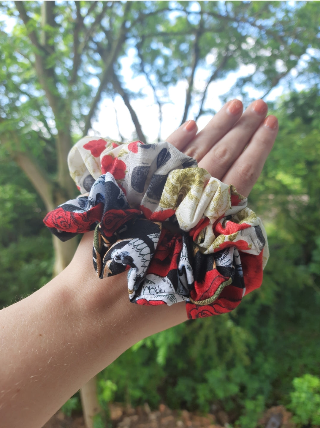White Floral Skull Small Scrunchie