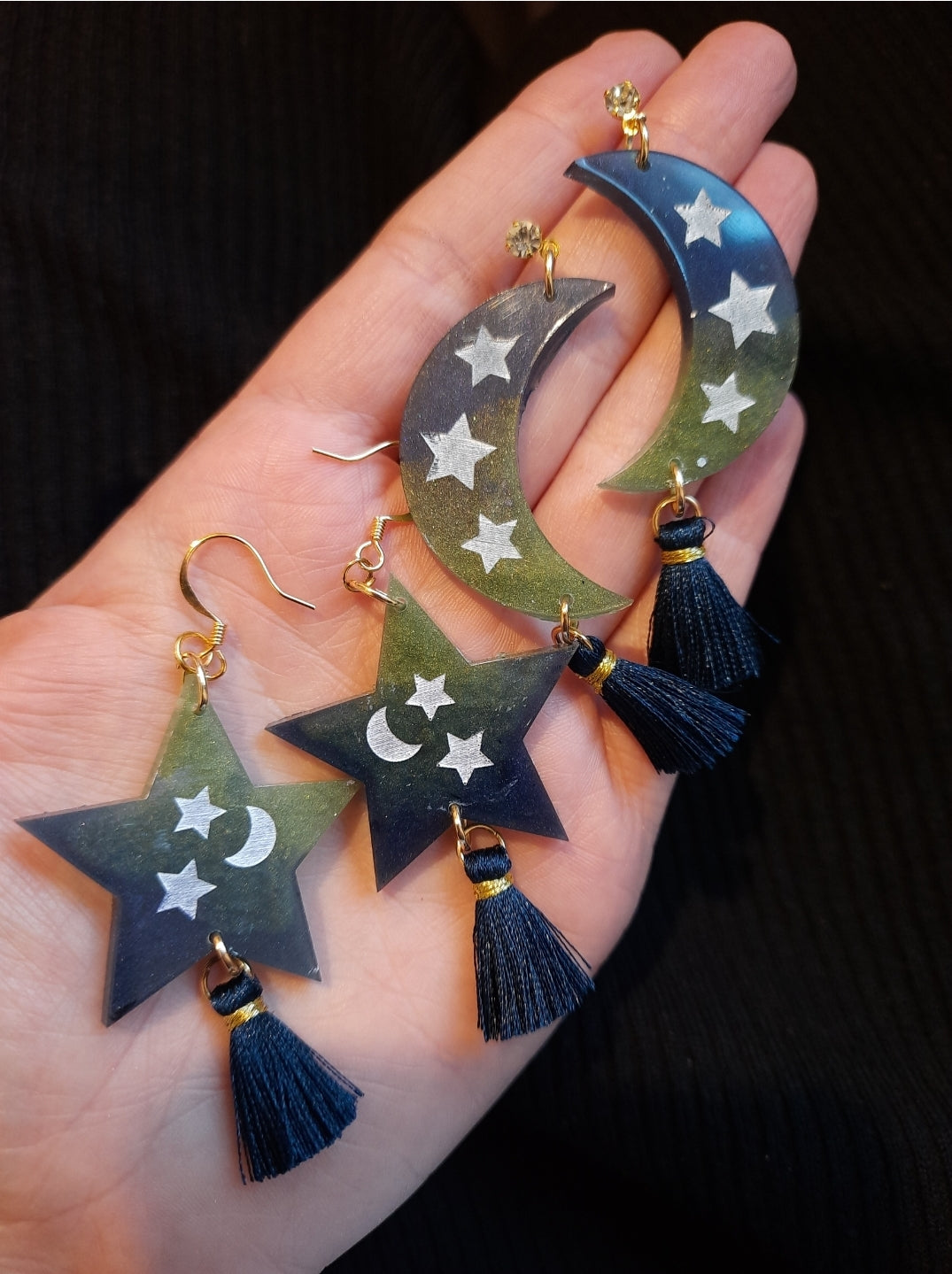 Navy & Moss Moon Tassel Resin Earrings