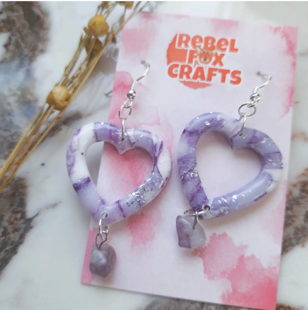 Amethyst Marble Heart Polymer Clay Earrings