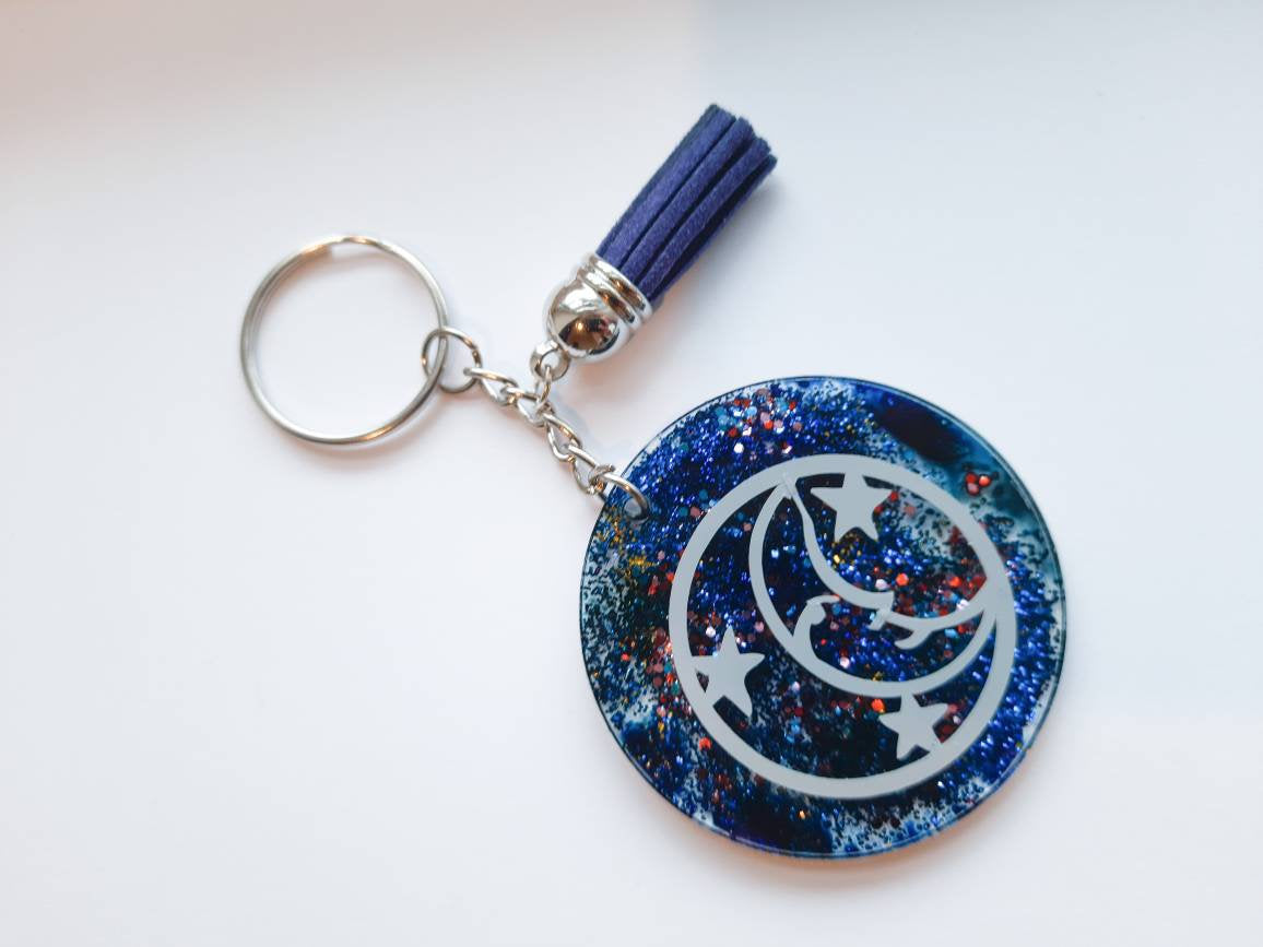 Stars & Moon Galaxy Celestial Keyring - Handmade Resin Acrylic Vinyl