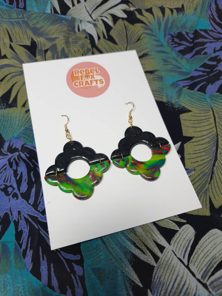 Jungle Aztec Diamond Donut Shape Dangle Earrings - Polymer Clay Green Red Colourful