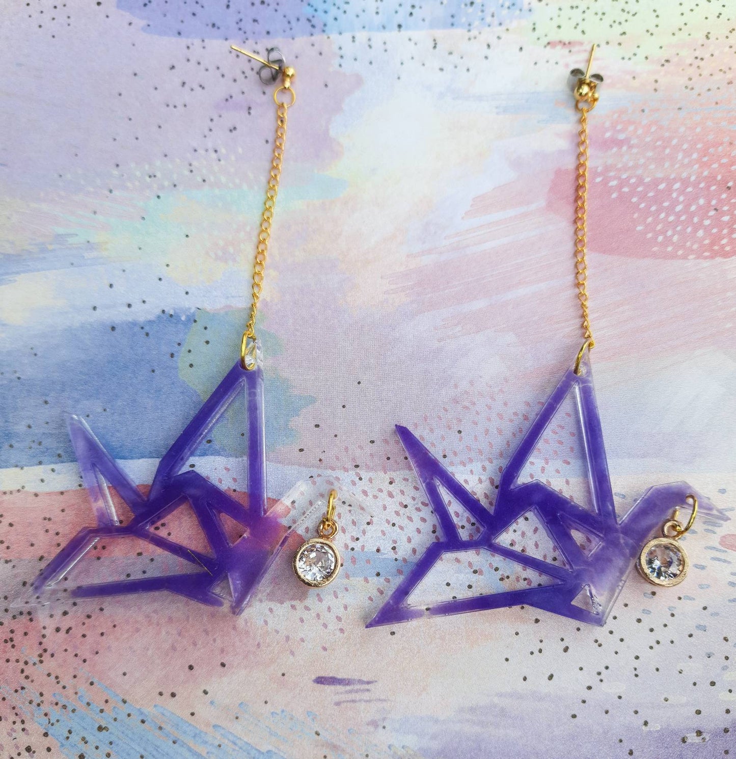 Origami Crane Dangle Earrings - Resin Purple Charm Bird Handmade Lilac Purple