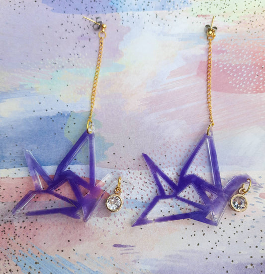Origami Crane Dangle Earrings - Resin Purple Charm Bird Handmade Lilac Purple