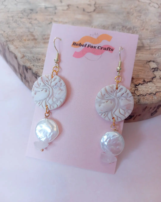Tree of Life Faux Pearl and Rose Quartz Earrings