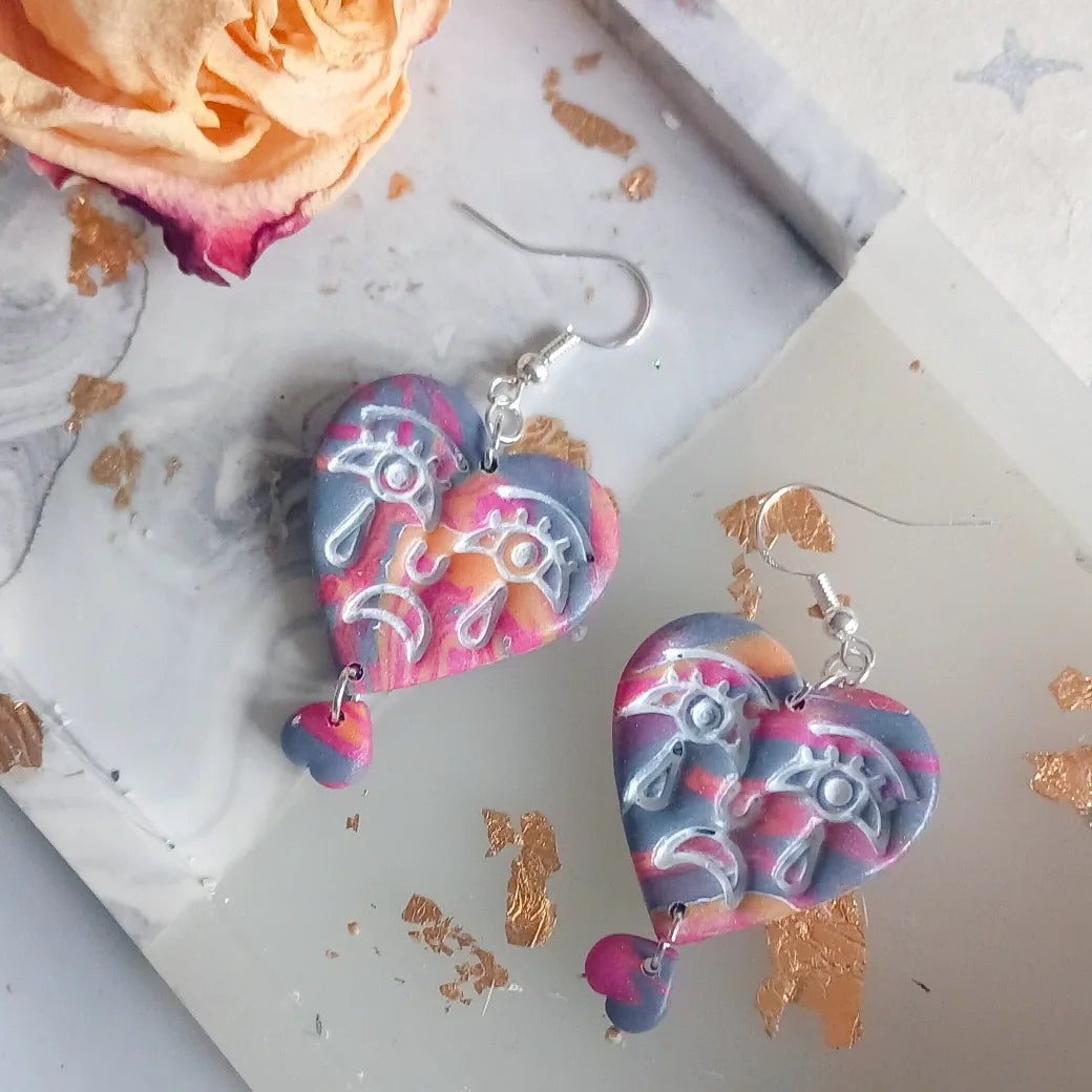 Crying Heart in Pink Marble Clay Earrings
