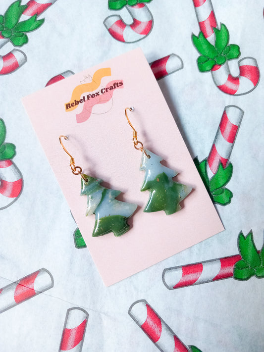 Green Marble Christmas Tree Dangle Earrings