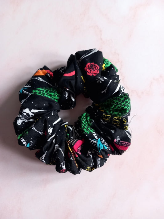 Day Of The Dead Dancing Skeletons Large Navy Scrunchie