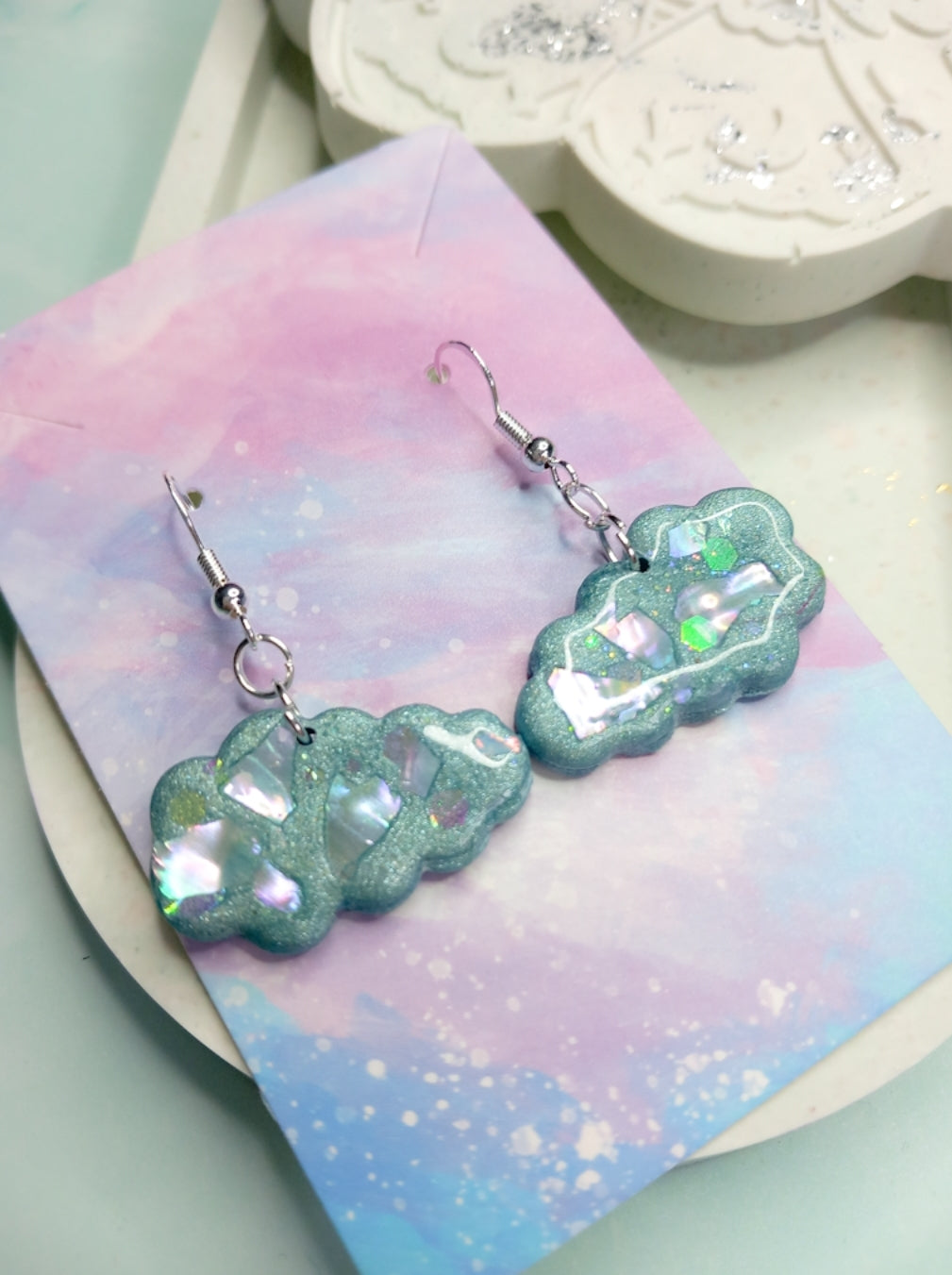 Dream Cloud in Aqua and Mother of Pearl Clay Earrings