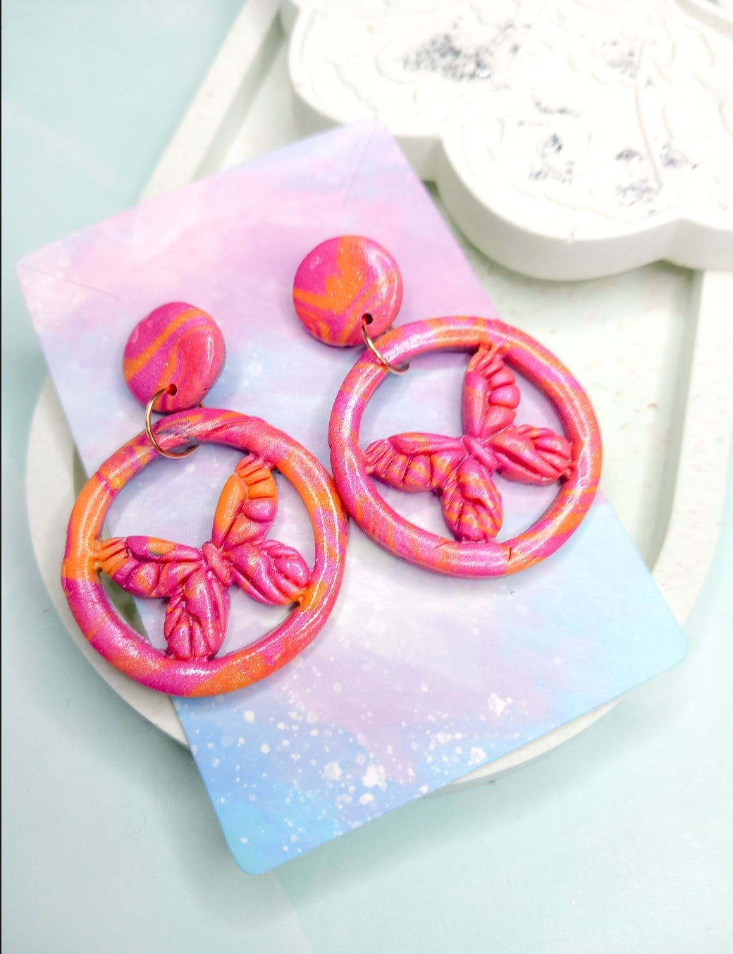 Butterfly Pink Marble Clay Earrings