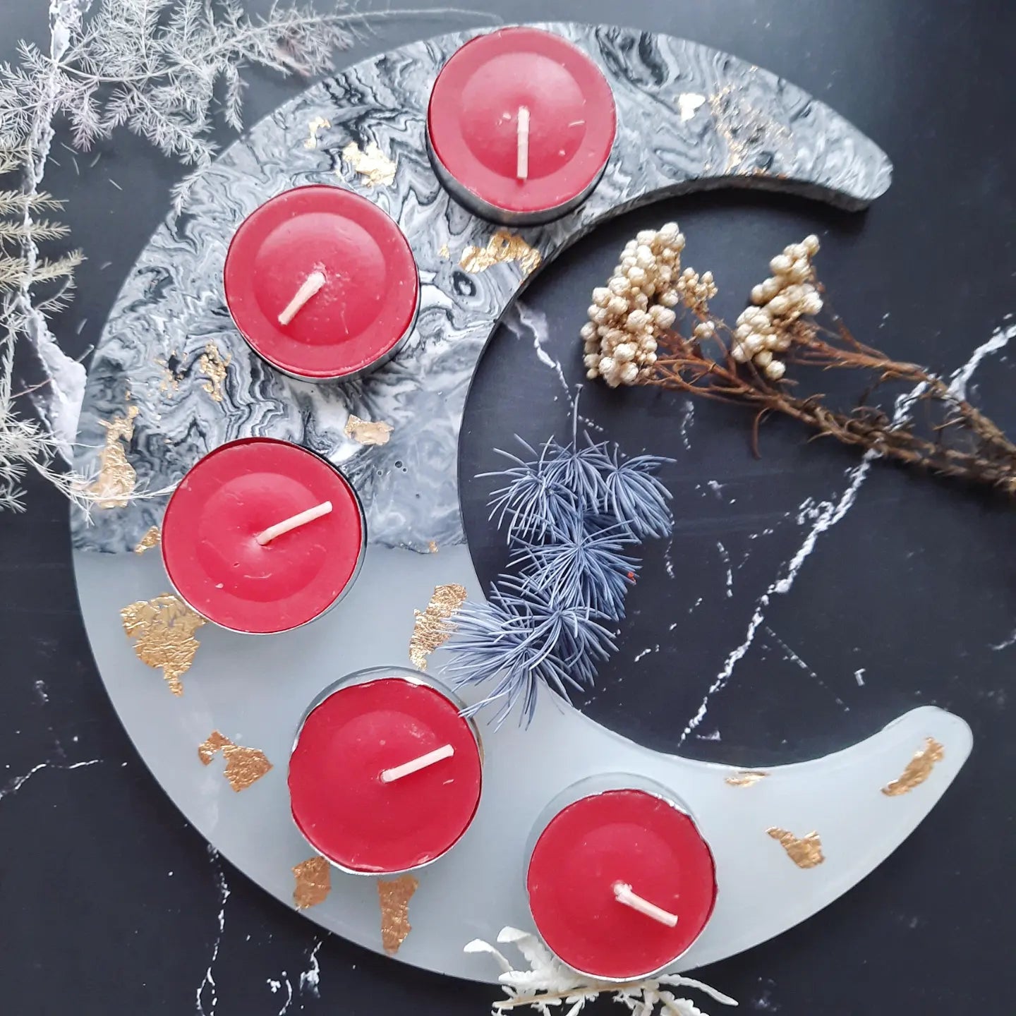 Crescent Moon Jesomite and White Resin Tealight Candle Tray