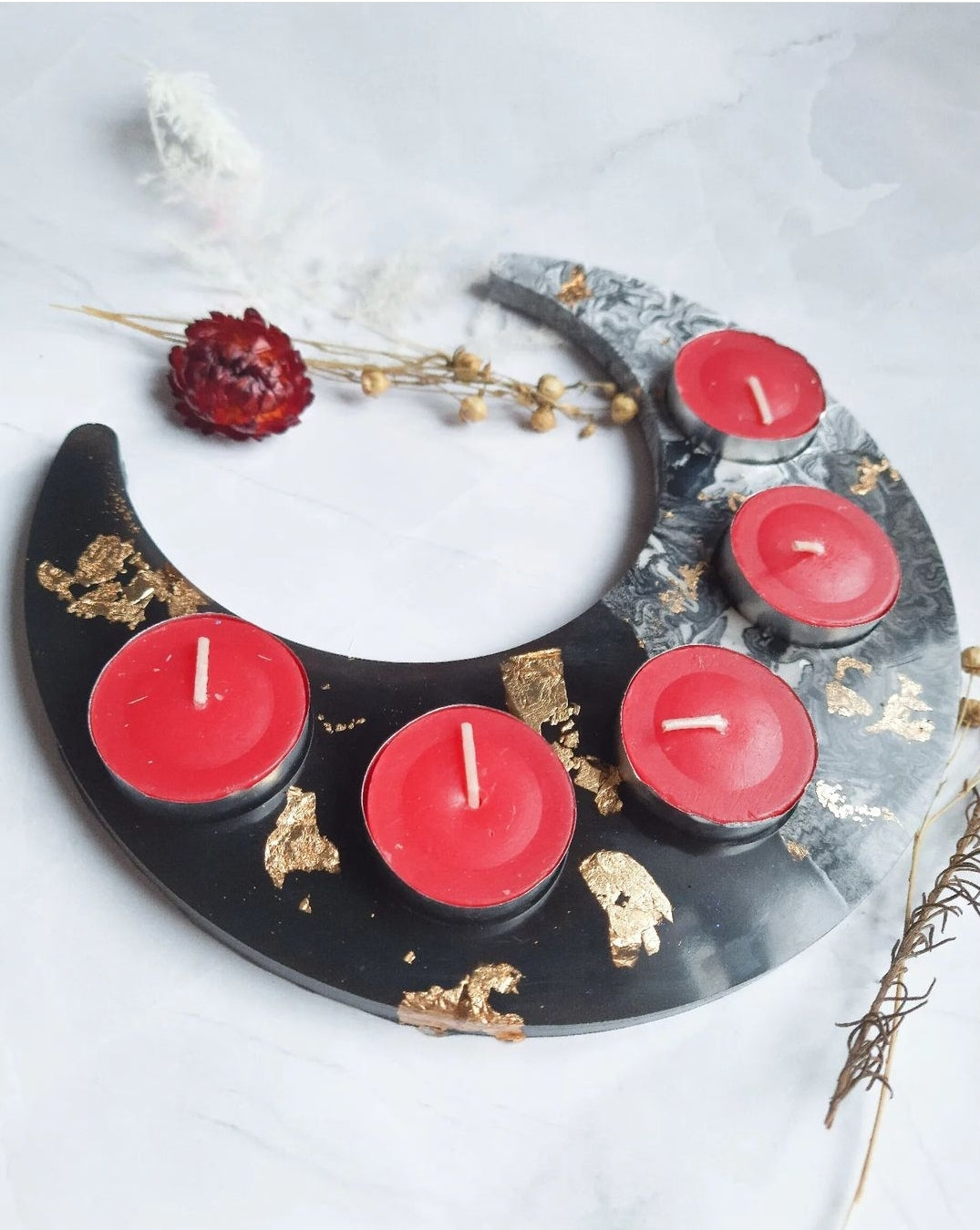 Crescent Moon Jesomite and Black Resin Tealight Candle Tray