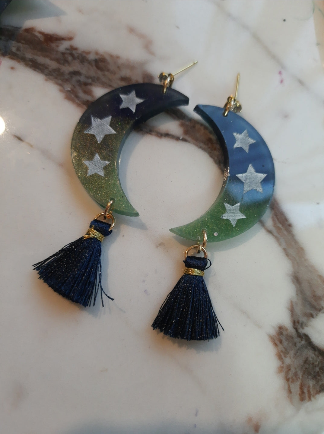 Navy & Moss Moon Tassel Resin Earrings