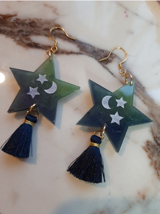 Navy & Moss Star Tassel Resin Earrings