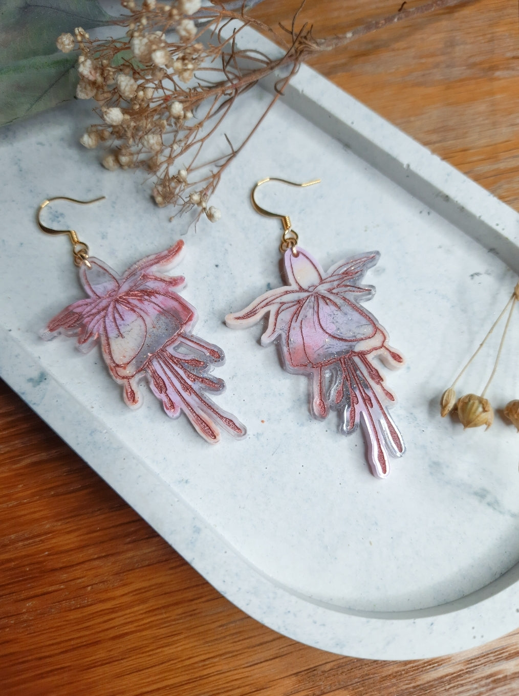 Fushia Pink with Gold Leaf Resin Earrings
