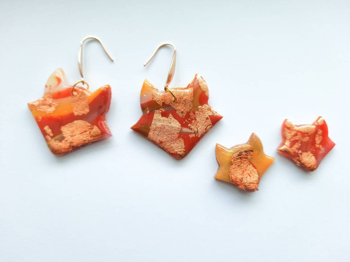 Rebel Fox Stud Earrings - Polymer Clay Resin Marble Gold Leaf Novelty