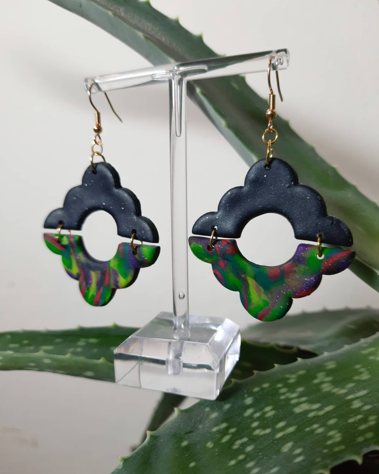 Jungle Aztec Diamond Donut Shape Dangle Earrings - Polymer Clay Green Red Colourful